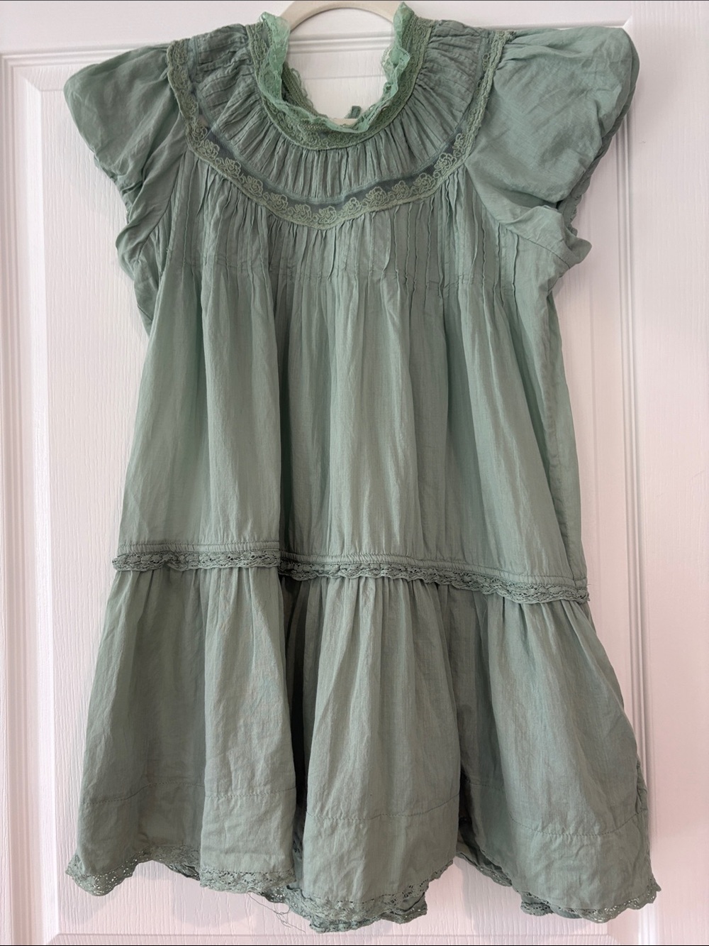 Free People Sage Green Tiered Lace-Trim Dress